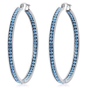 14K White Gold with Aquamarine Blue Cubic Zirconia Big Hoop Latch Back Earrings